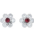 Lab Diamond & Lab Ruby Flower Earrings in 14K White Gold