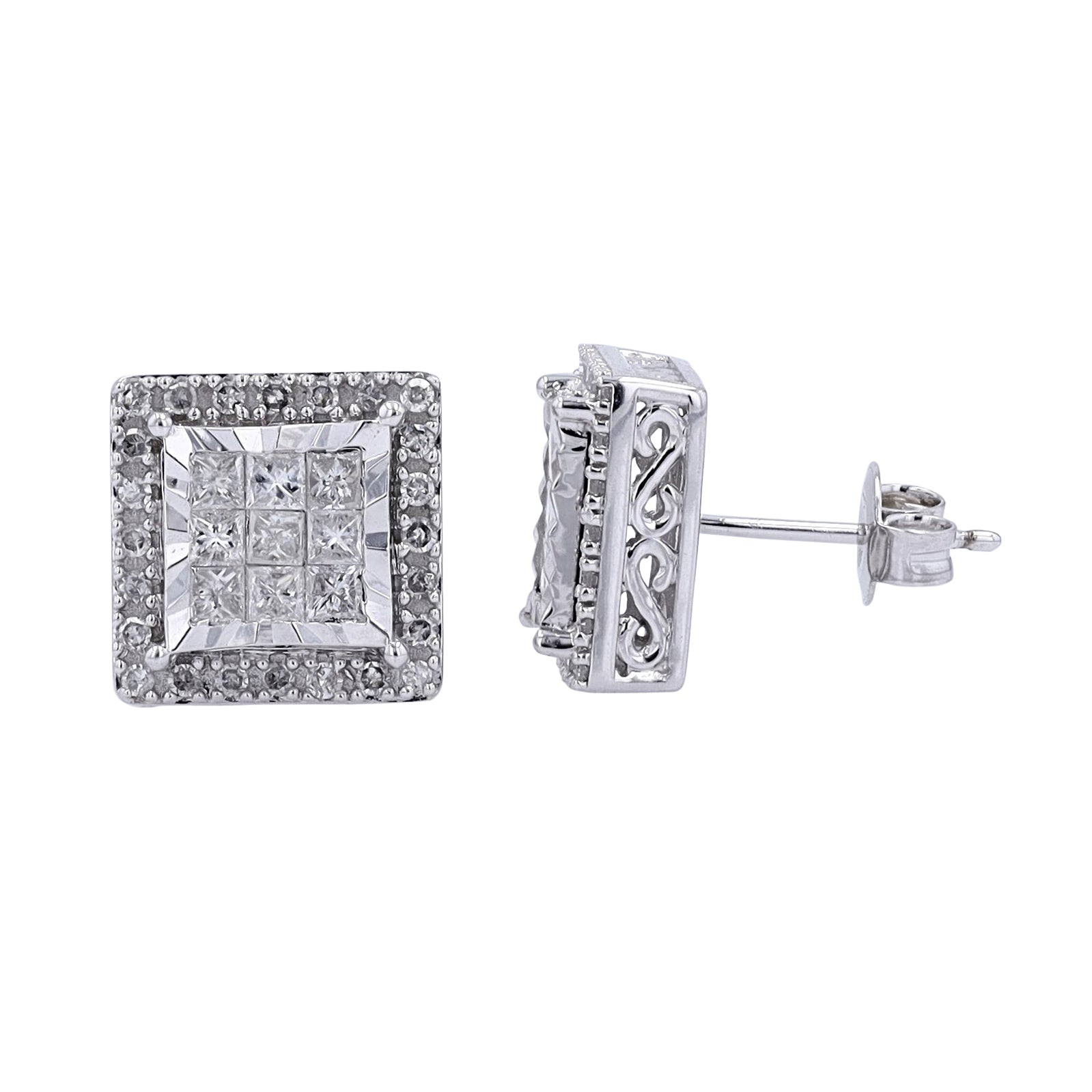 10K WG 1 CTW Diamond Square Cluster Studs