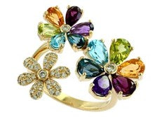 14K EFFY YG 4.65 CT Multicolor Flower Bypass Ring