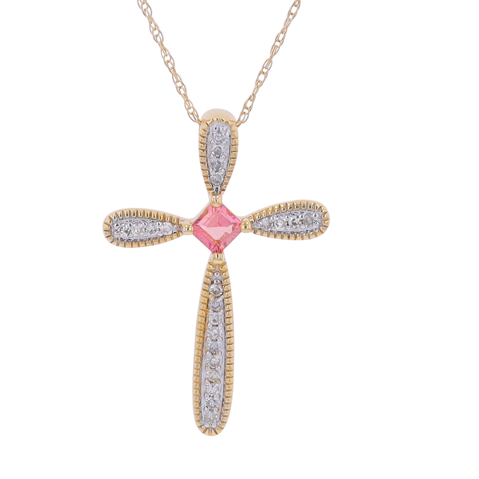 14K YG Pink Sapphire Center Cross Pendant