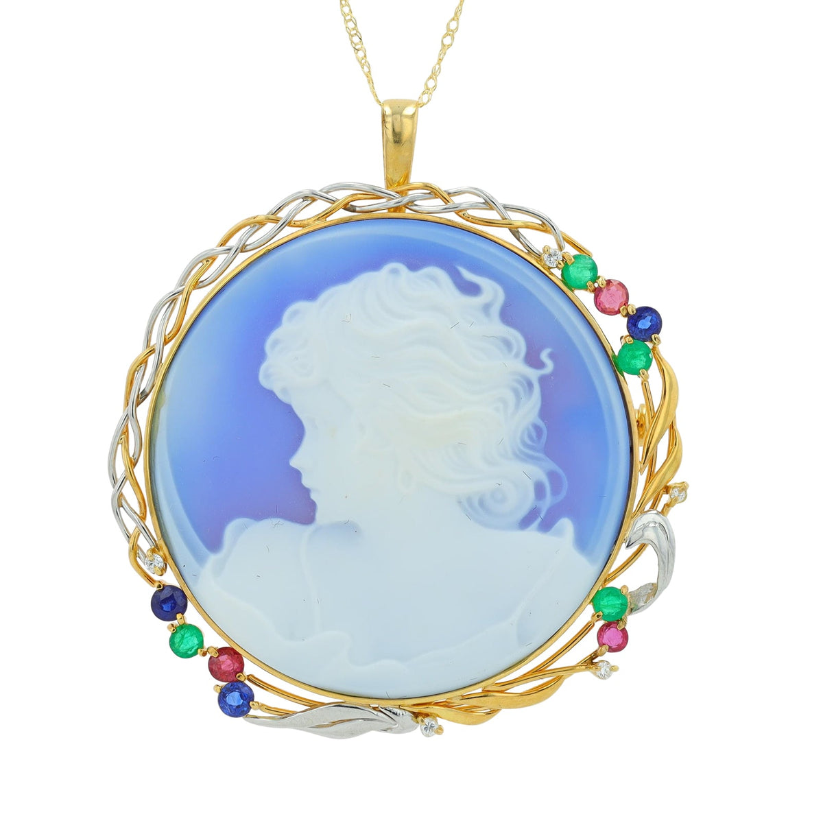 18K YG/PLAT CTW Ruby, Emerald & Sapphire Cameo Pendant