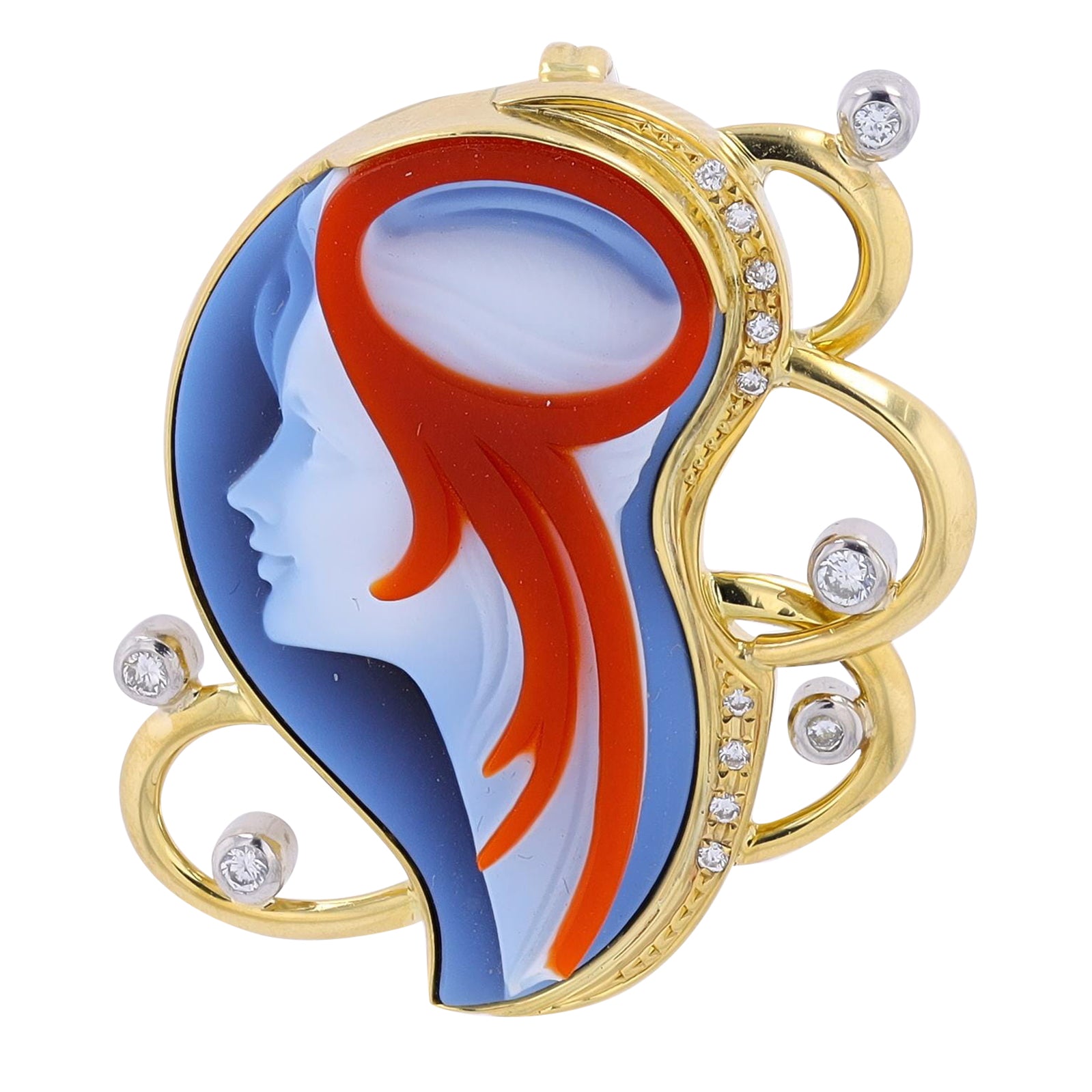18K YG Blue & Red Agate Cameo