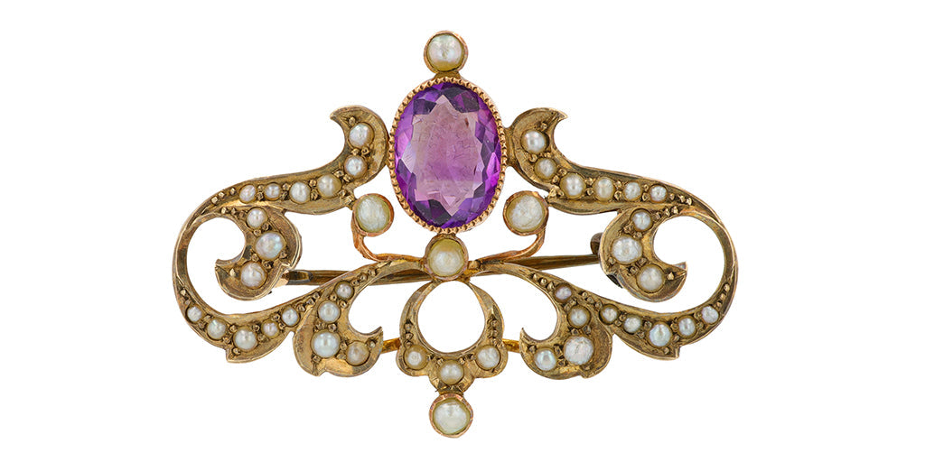 9K RG Amethyst & Seed Pearl Brooch
