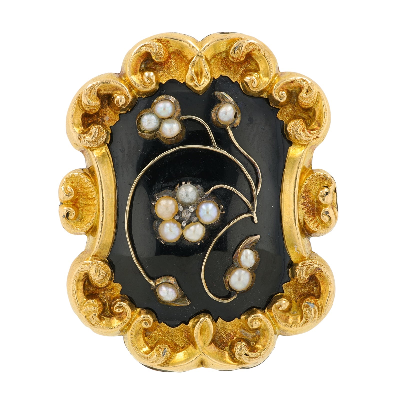 14K YG Onyx & Seed Pearl Brooch