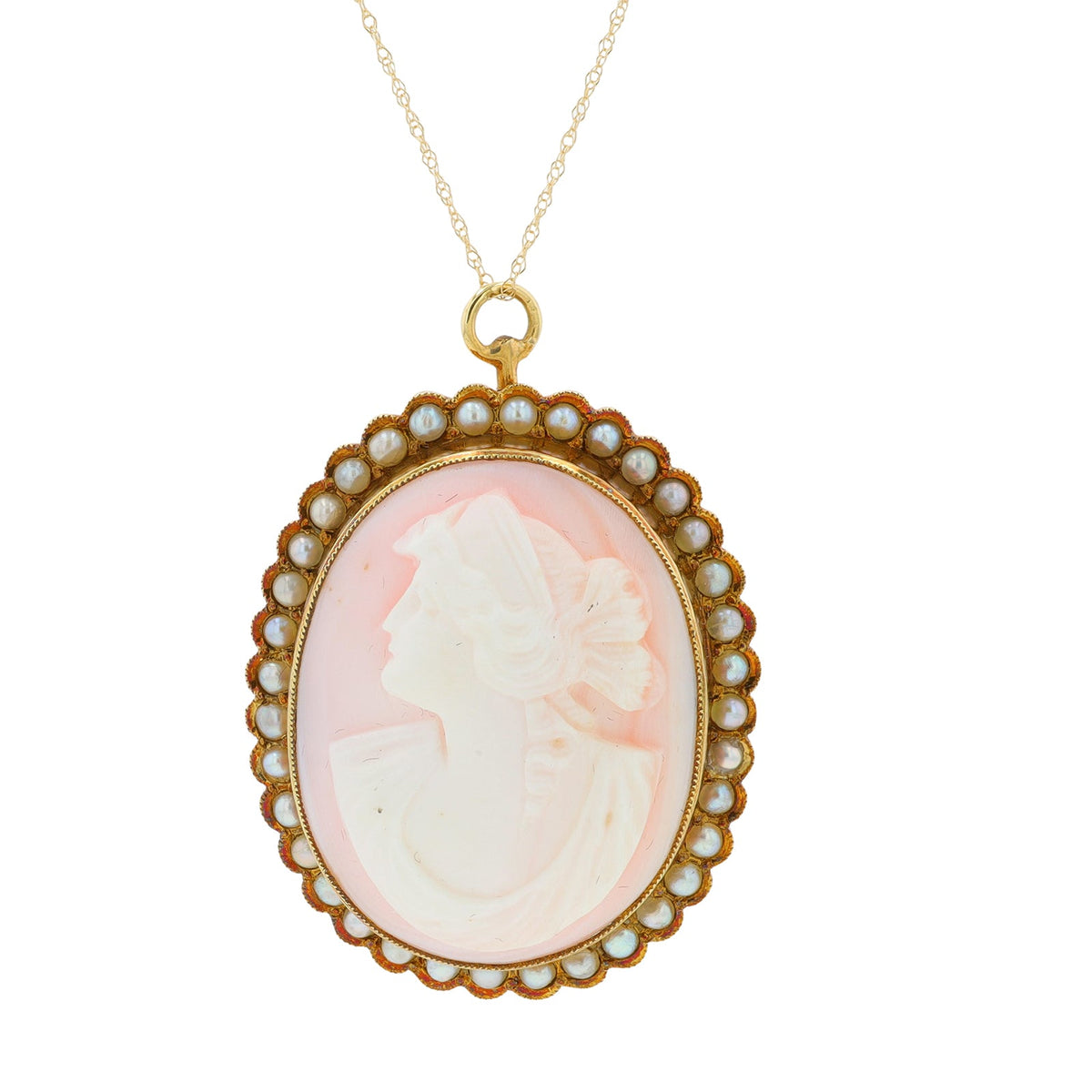 14K YG Pink Coral & Pearl Cameo