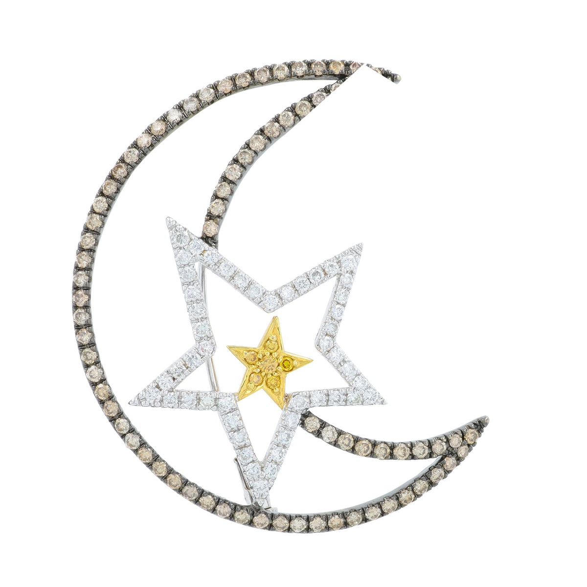 18K WG 2 CT Diamond Moon & Star Brooch