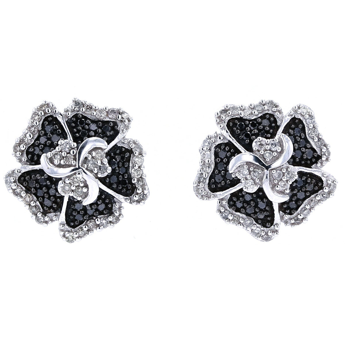 14K WG Black Diamond Flower Earrings