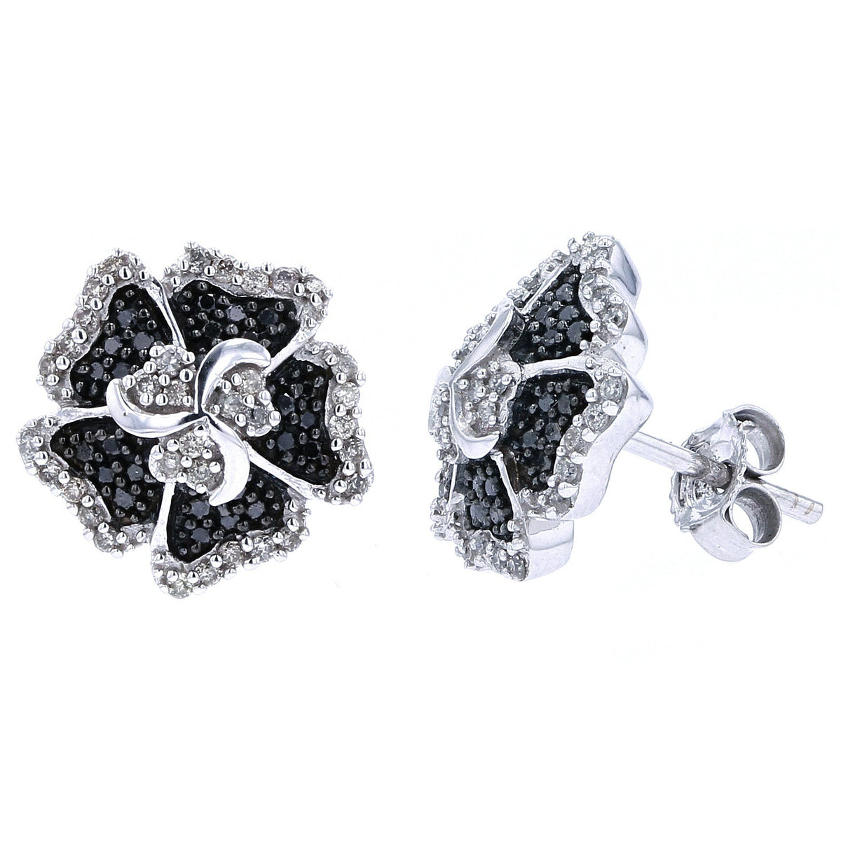 14K WG Black Diamond Flower Earrings