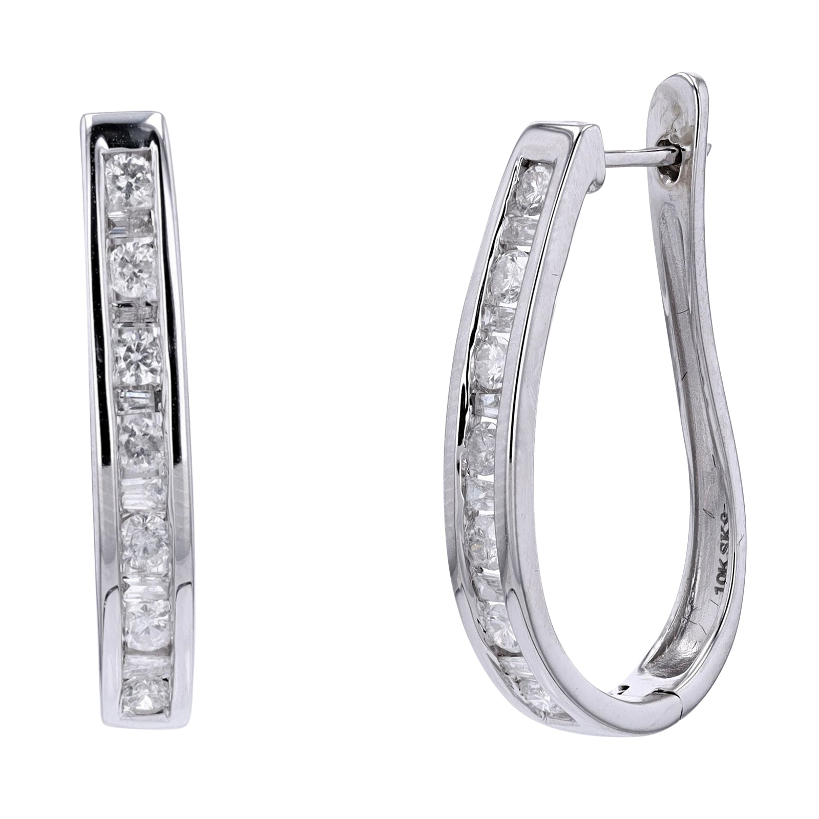 10K WG Baguette & Round Channel Set Diamond Hoops
