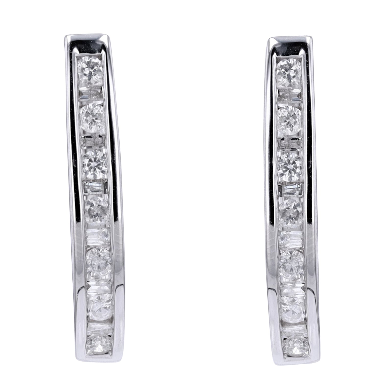 10K WG Baguette & Round Channel Set Diamond Hoops