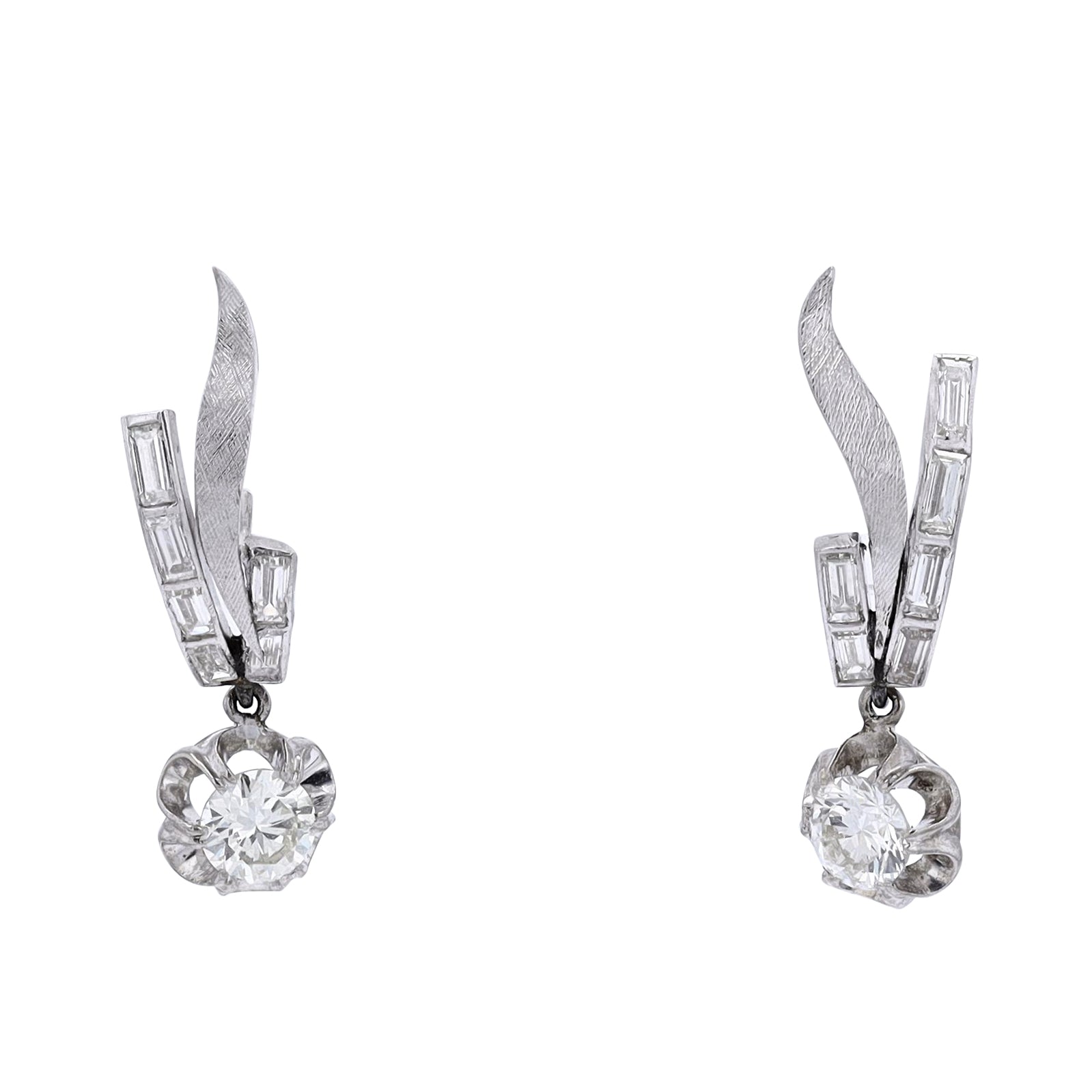 18K WG 2 CT Diamond Flower Dangle Earrings