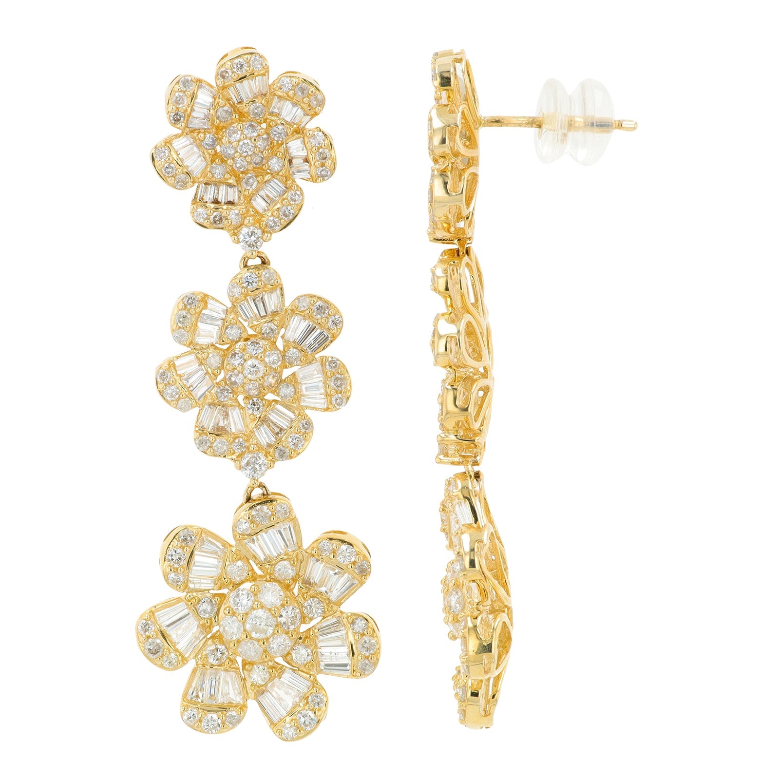 14K YG 4.10 CT Diamond Graduating Flower Earrings