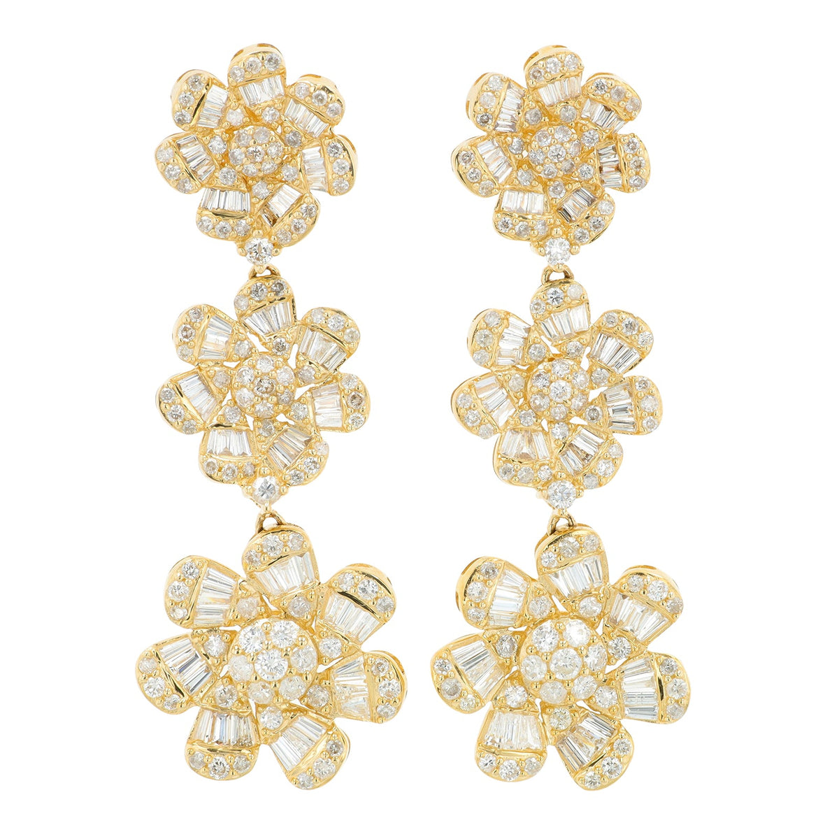 14K YG 4.10 CT Diamond Graduating Flower Earrings