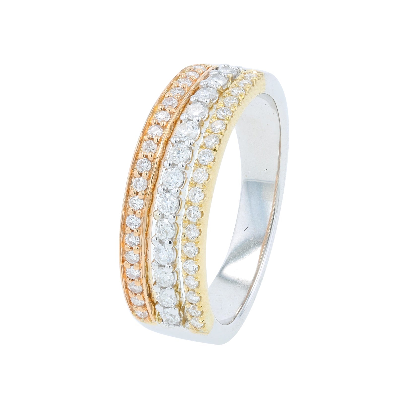 14K Tri-Tone 1/2 CT Three Row Diamond Ring