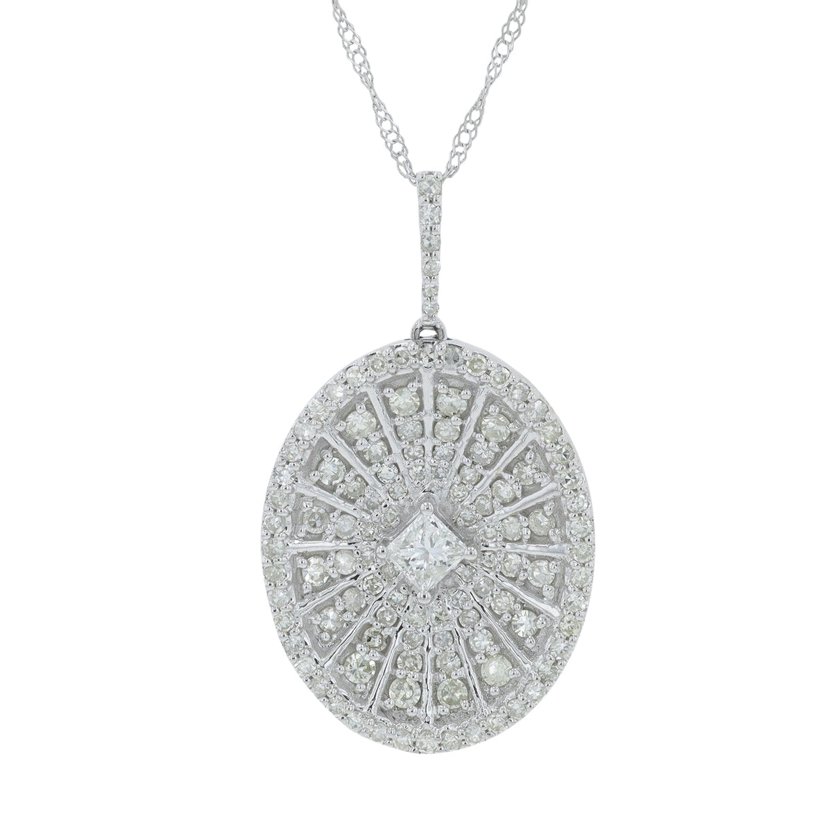 14K WG 0.20 CT Princess Cut Center Oval Pendant