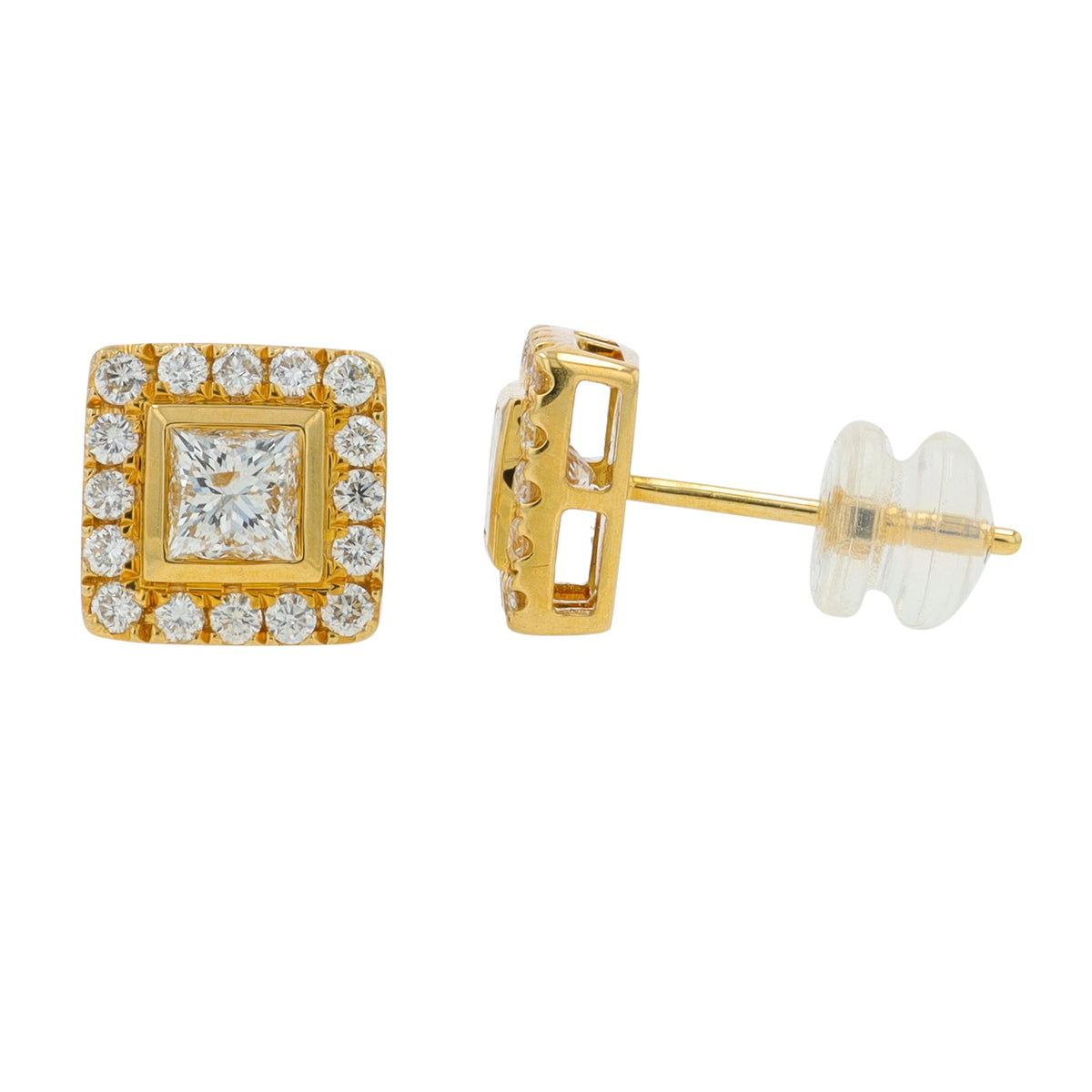 18K YG 1.36 CT Diamond Princess Cut Studs