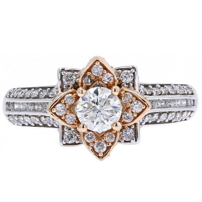 14K TT Floral Halo Engagement Ring