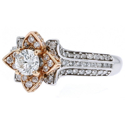 14K TT Floral Halo Engagement Ring