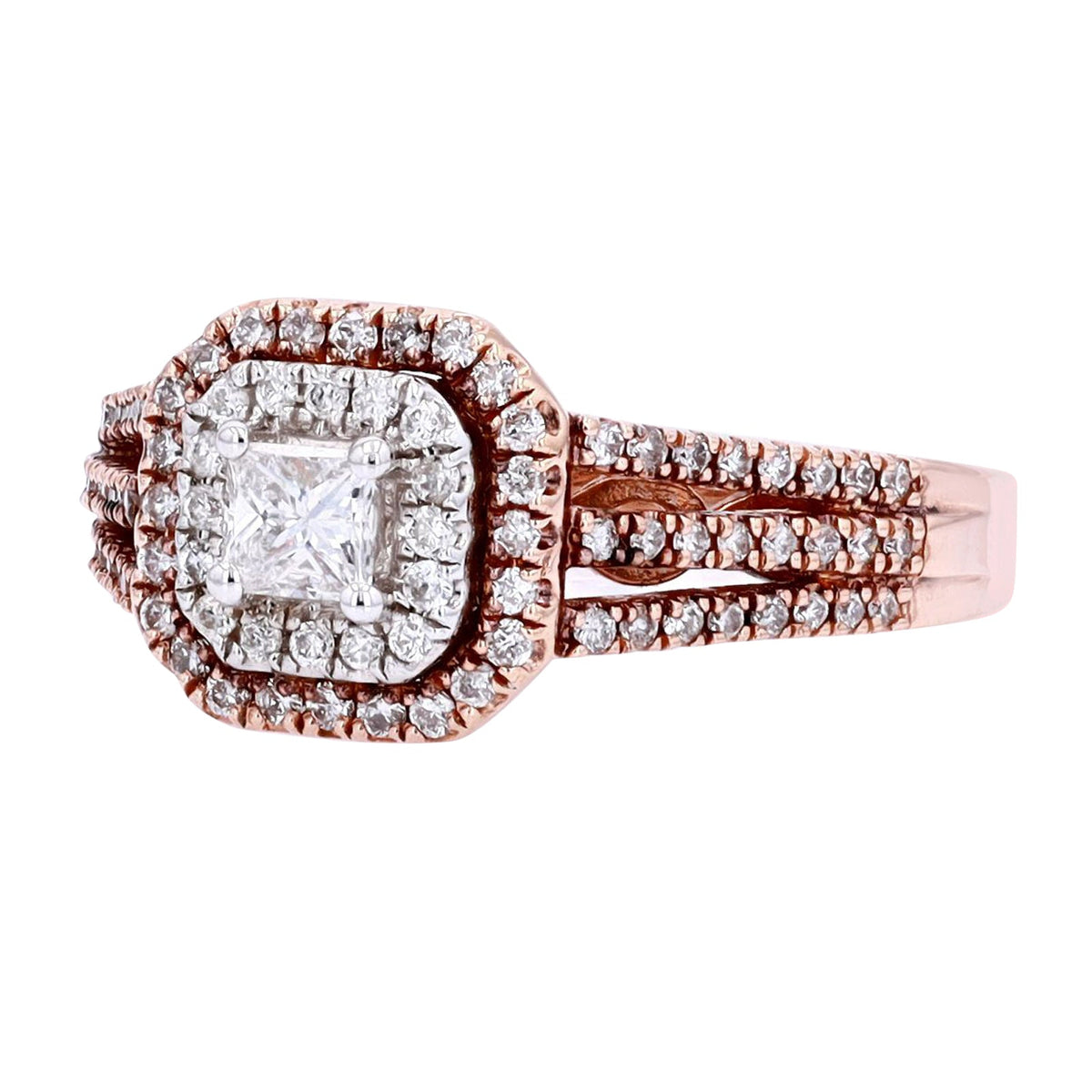 14K RG Double Halo Princess Cut Diamond Ring