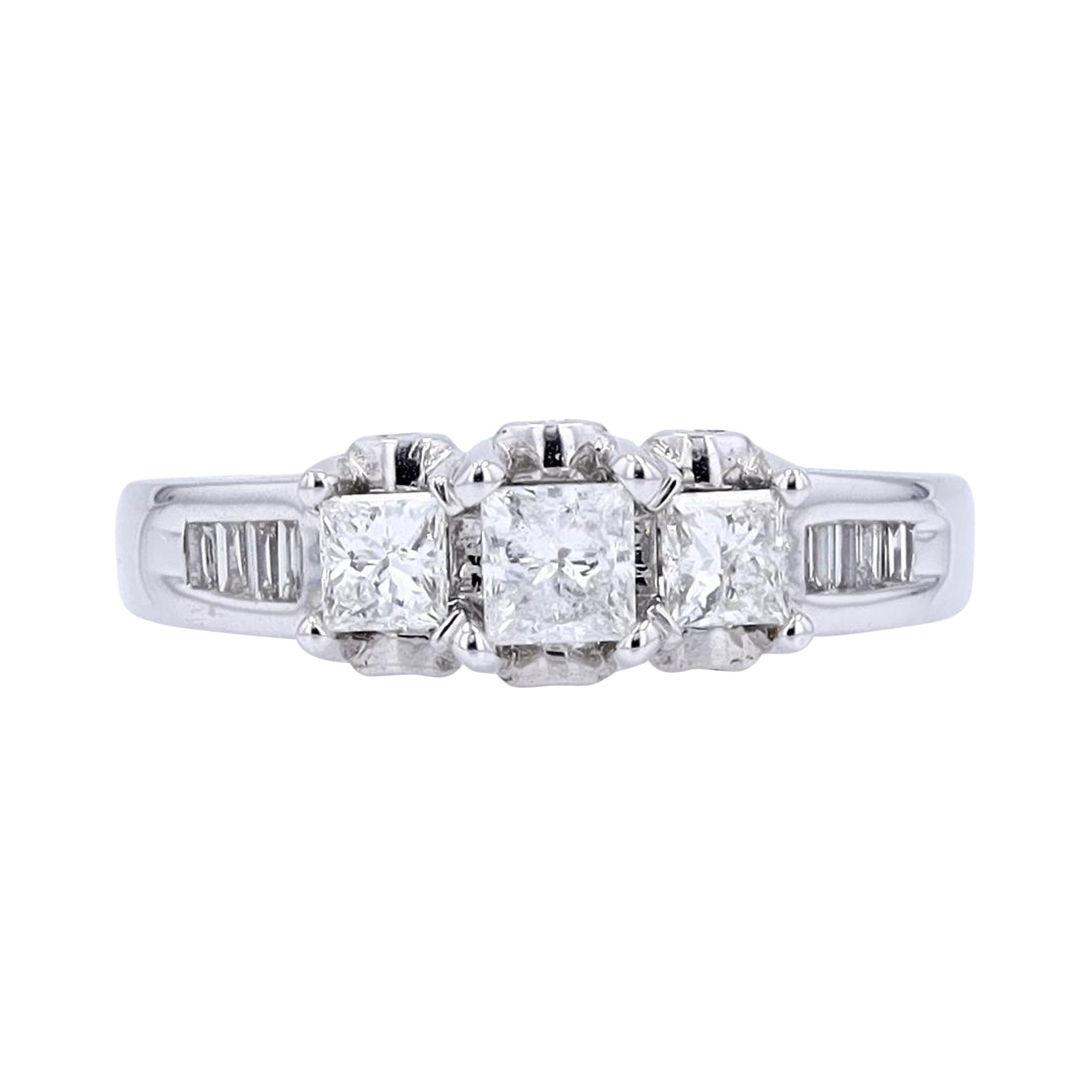 14K WG 1 CT Three Stone Princess Cut Engagement Ring