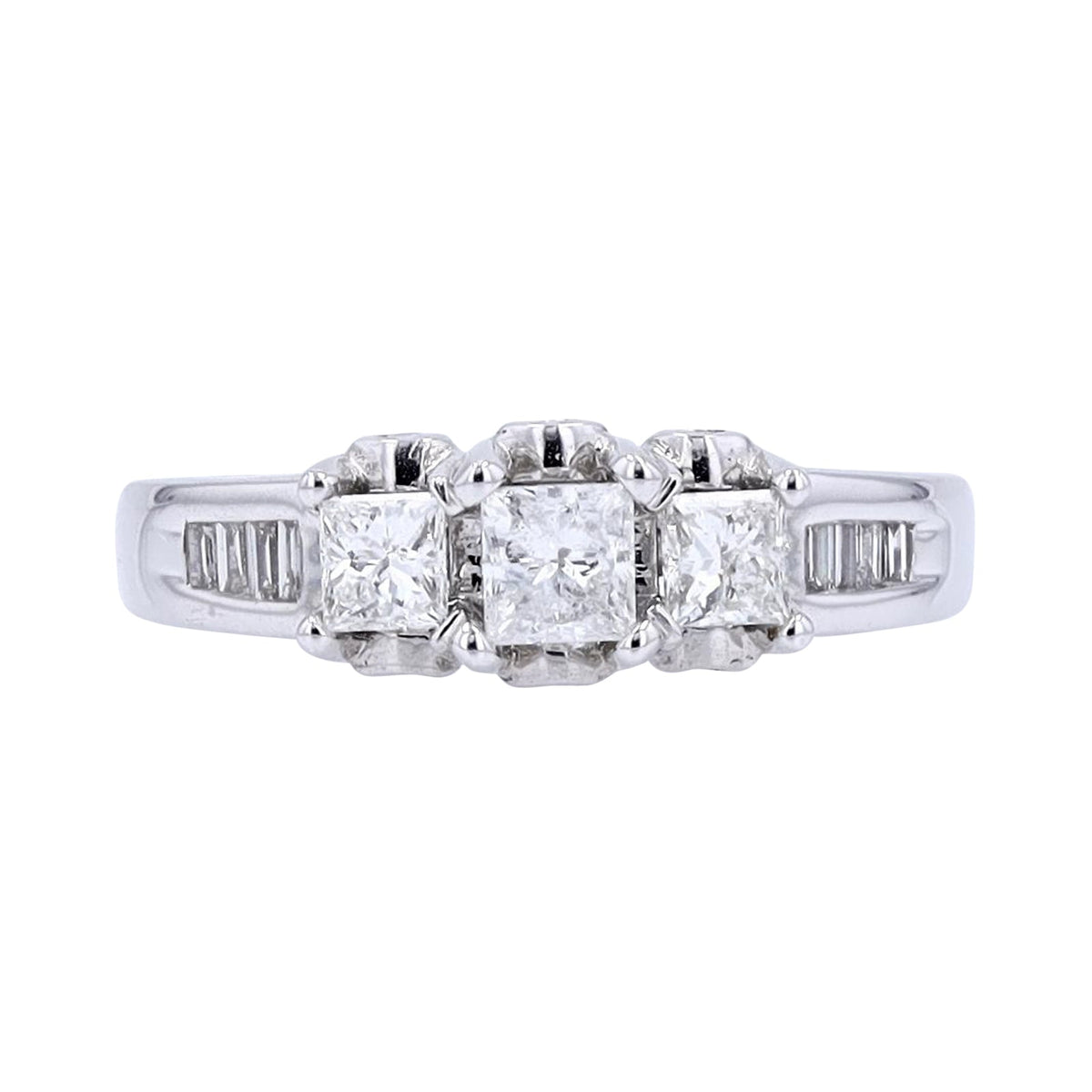 14K WG 1 CT Three Stone Princess Cut Engagement Ring