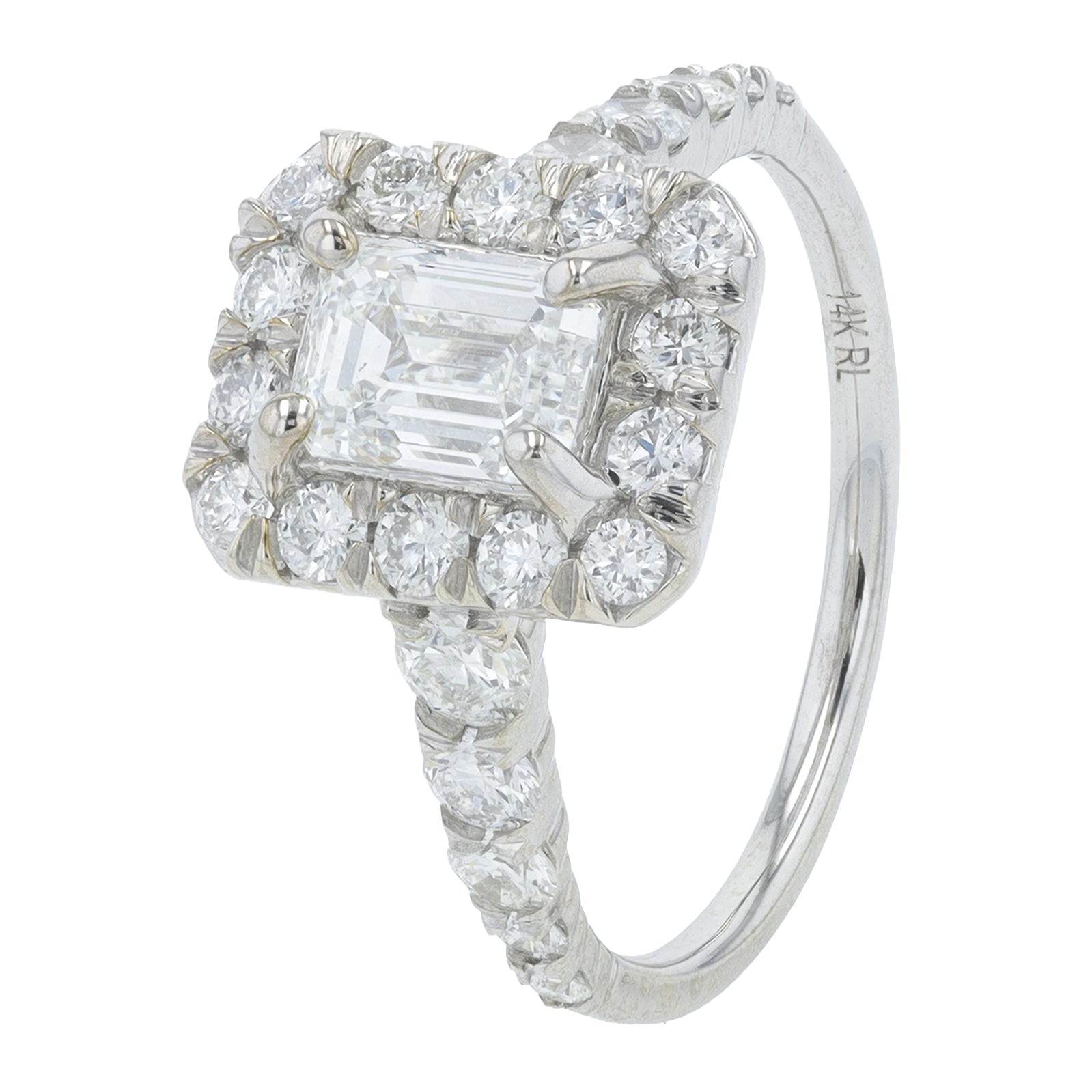 14K WG 1 CT Emerald Cut Center Halo Engagement Ring