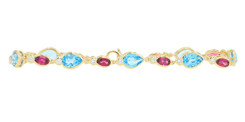 14K YG Blue Topaz & Rhodolite Bracelet