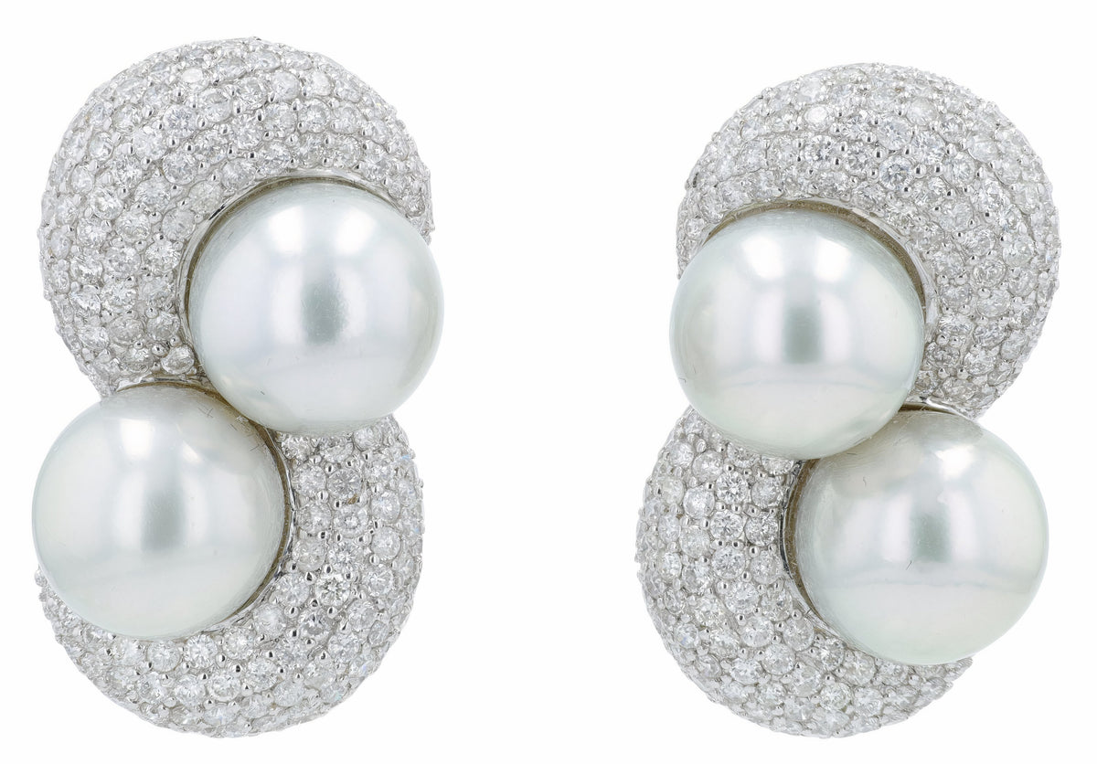18K WG 8 CT Diamond Two Pearl Earrings