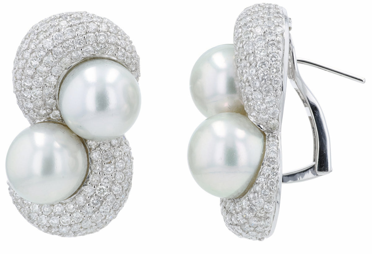 18K WG 8 CT Diamond Two Pearl Earrings