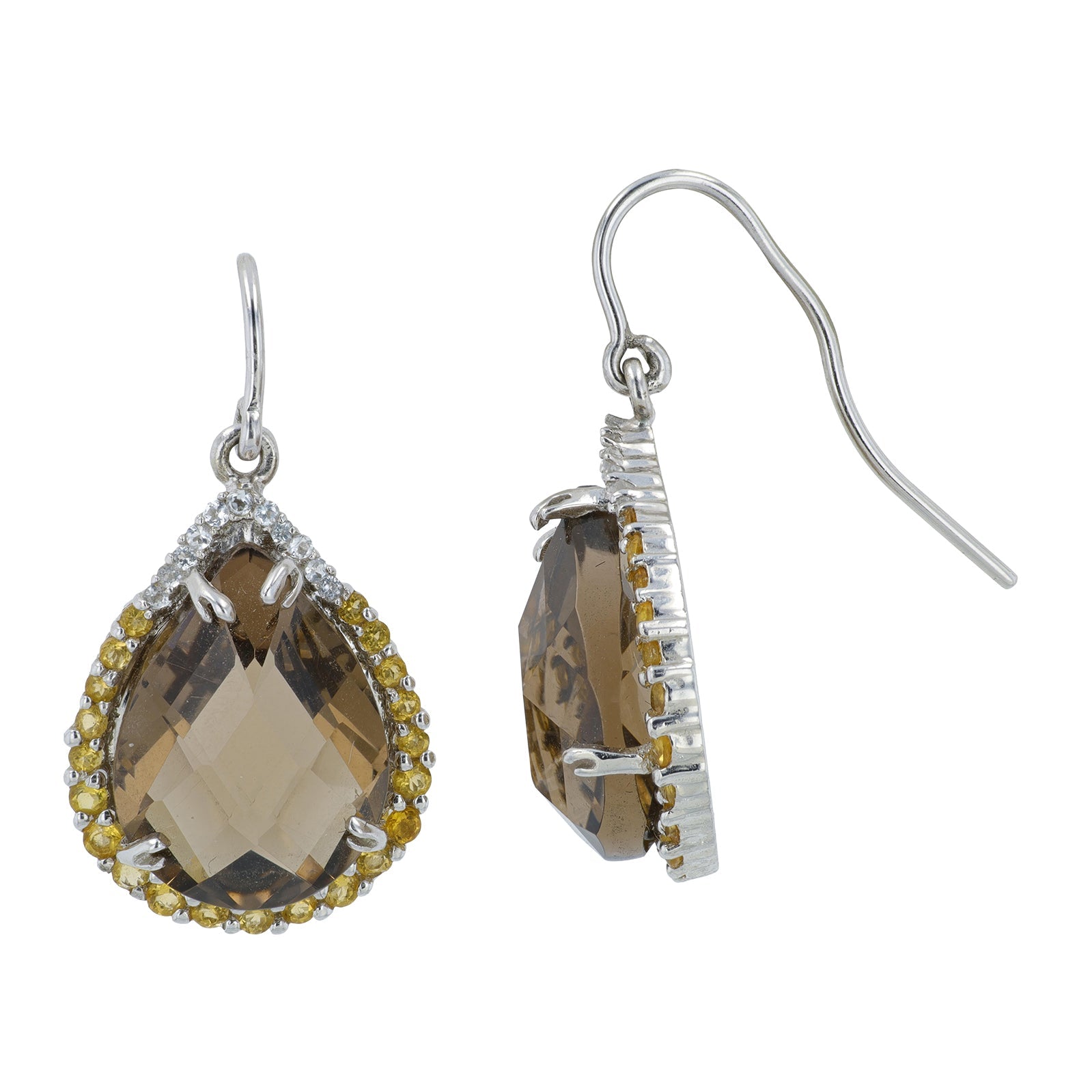 14K WG Smoky Quartz, Citrine & White Topaz Earrings
