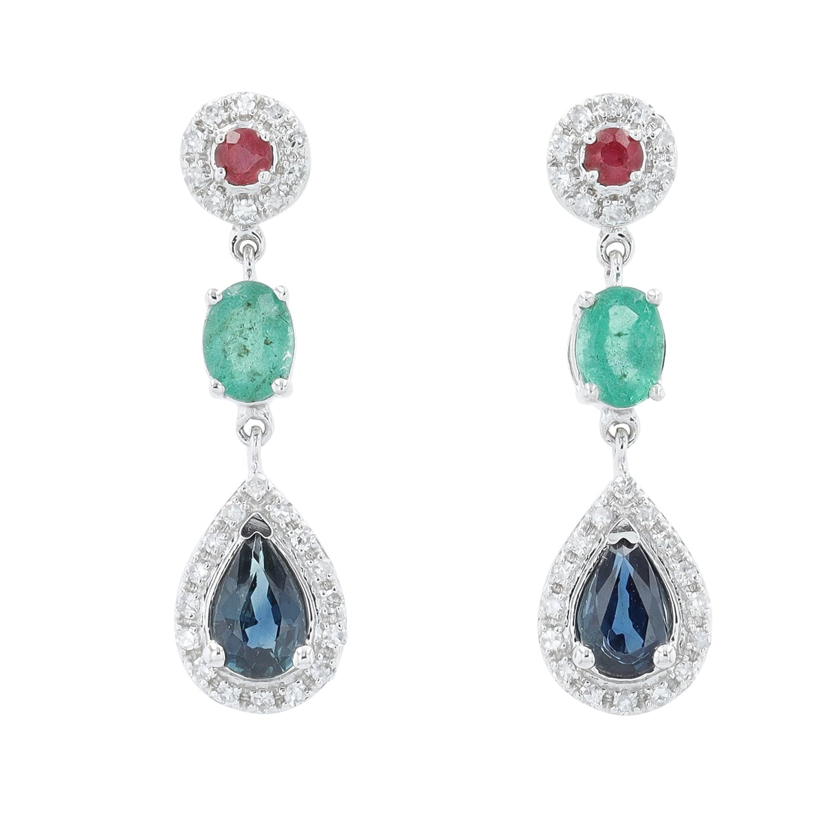 14K WG Ruby, Emerald & Sapphire Earrings