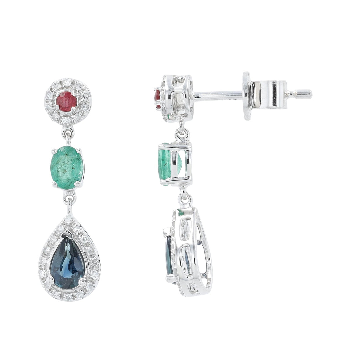 14K WG Ruby, Emerald & Sapphire Earrings