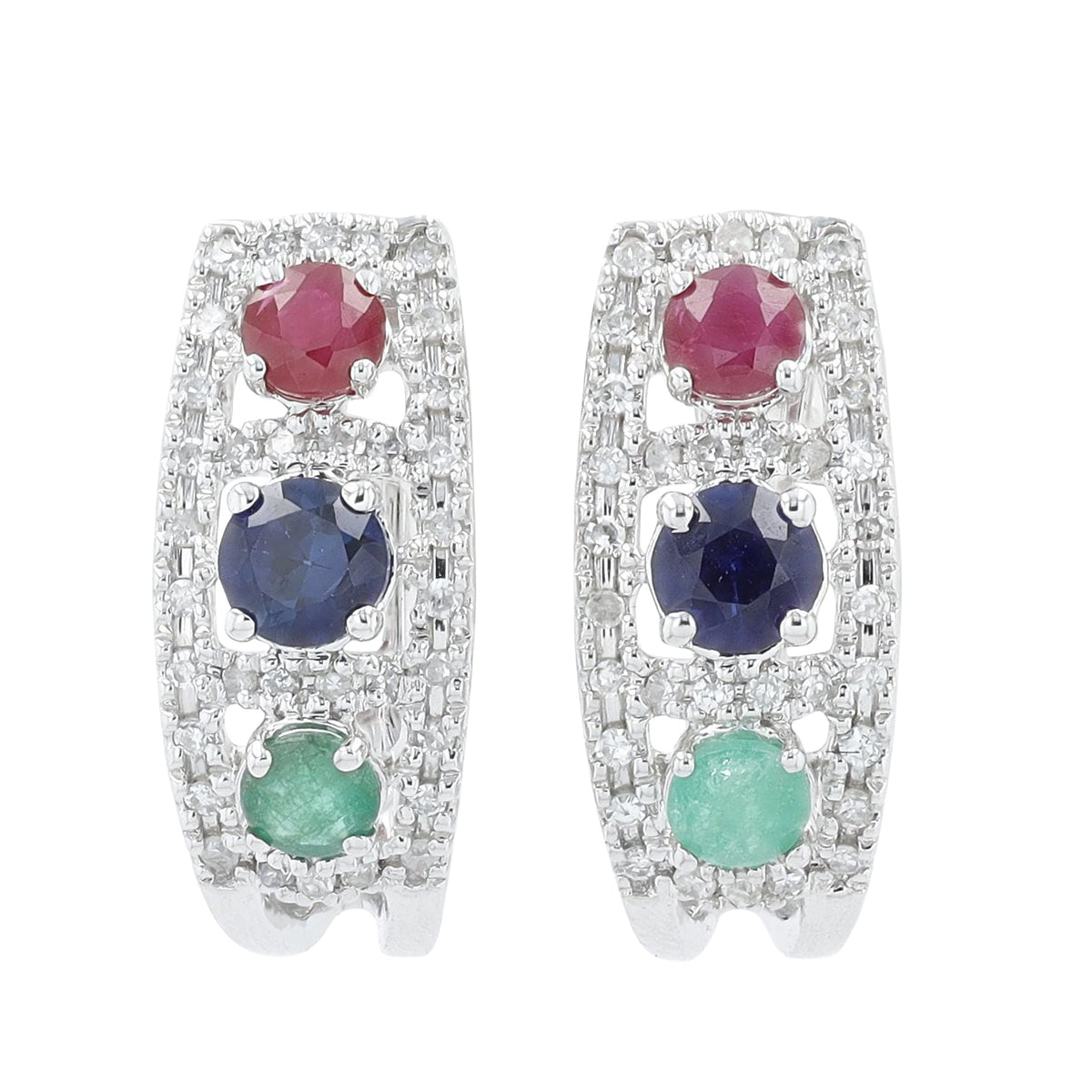 14K WG Ruby, Emerald & Sapphire Hoops