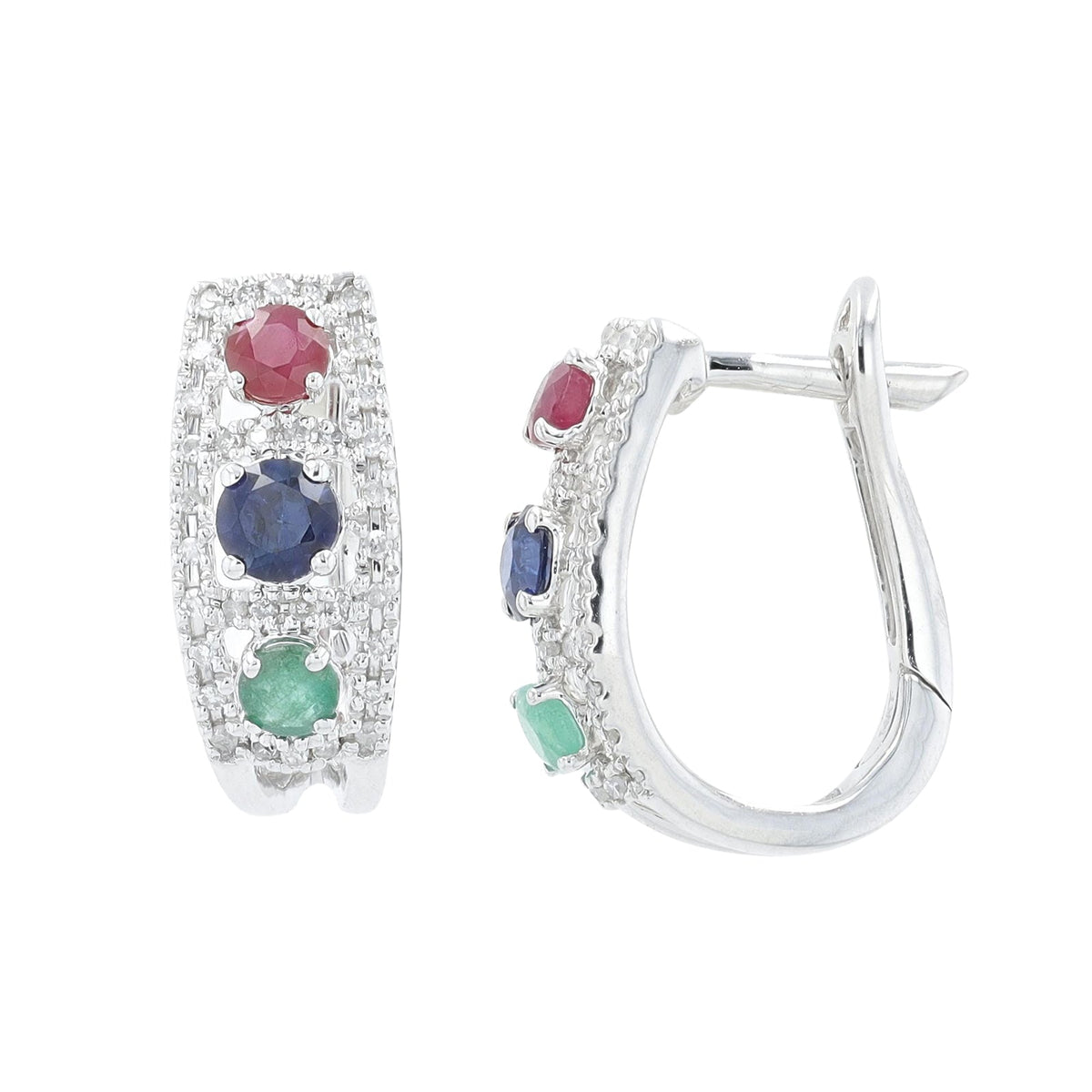 14K WG Ruby, Emerald & Sapphire Hoops