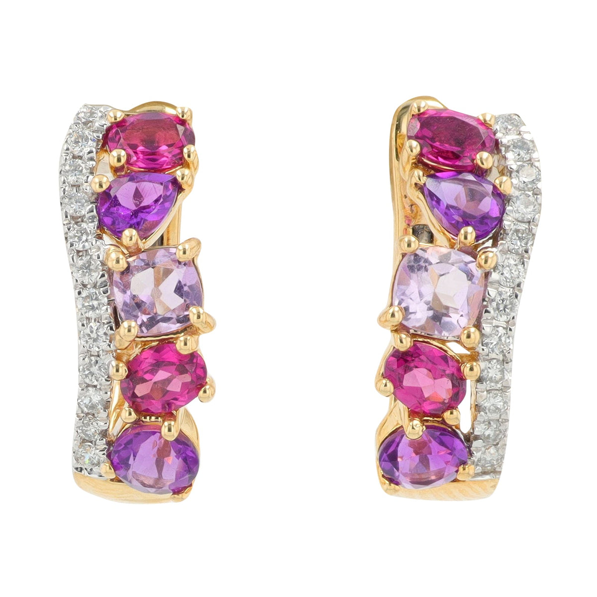 14K YG 1.80 CT Rhodolite & Amethyst Cluster Hoops