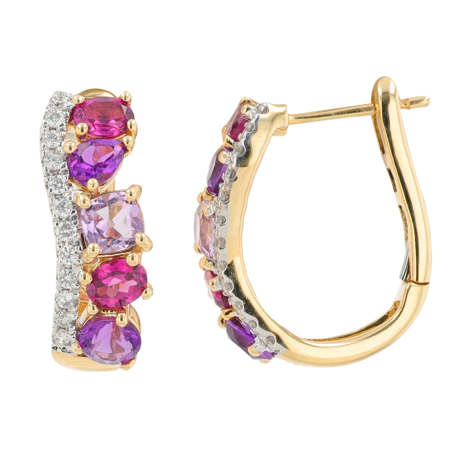 14K YG 1.80 CT Rhodolite & Amethyst Cluster Hoops