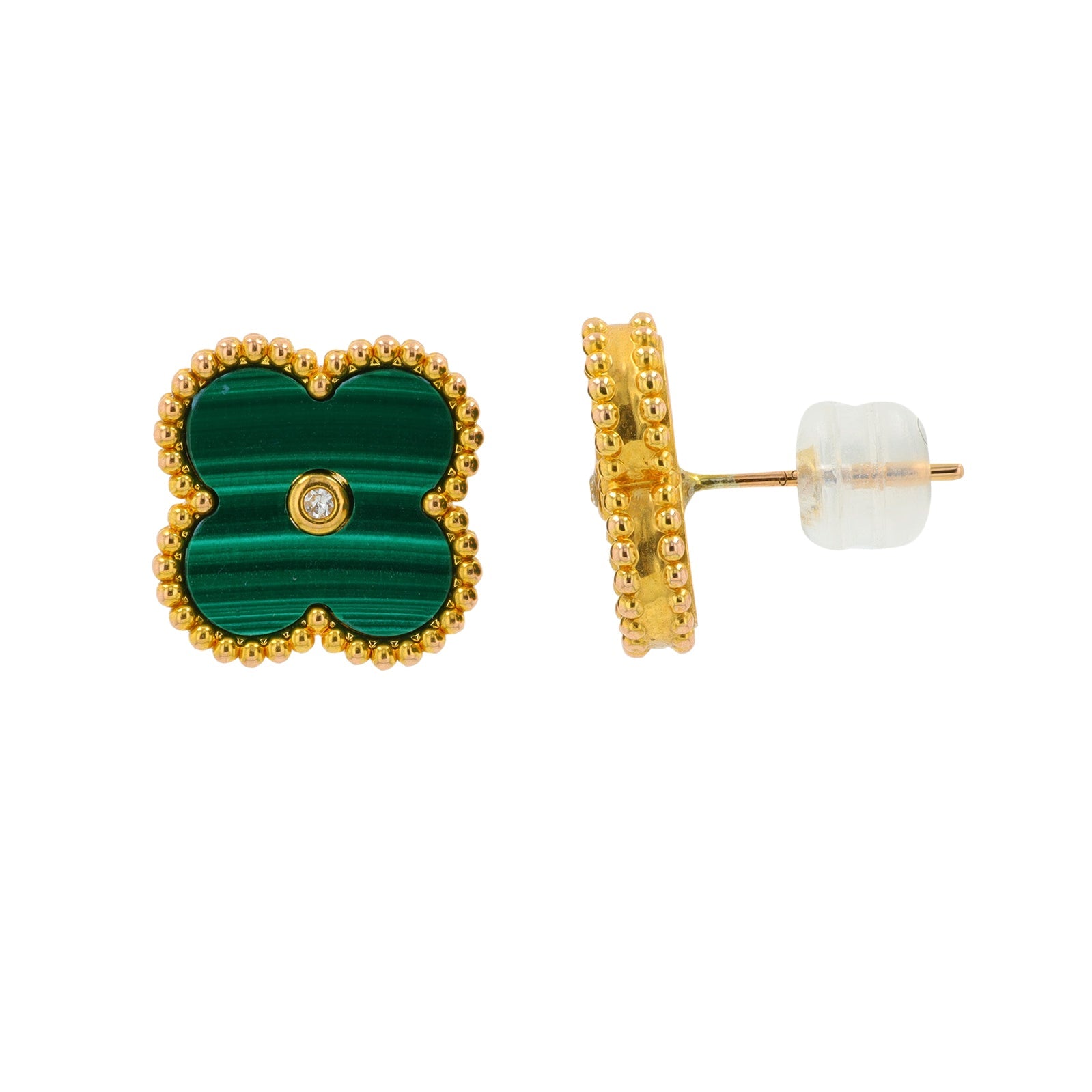 18K YG Malachite Clover Earrings