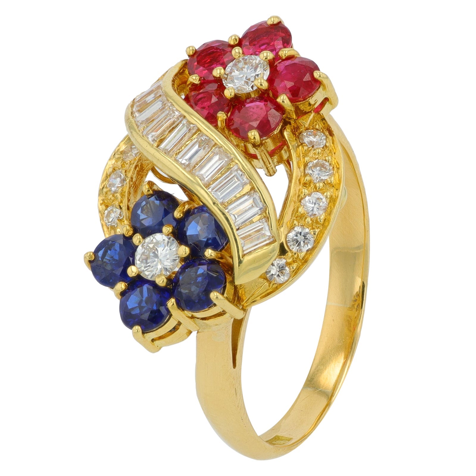18K YG 1 CT Sapphire & 1 CT Ruby Flower Ring