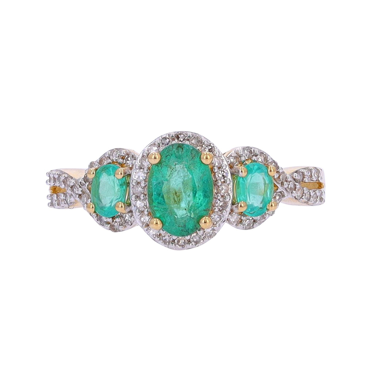 14K YG Emerald Three Stone Ring with Diamond Halo