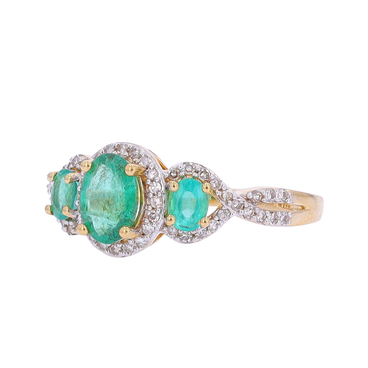 14K YG Emerald Three Stone Ring with Diamond Halo