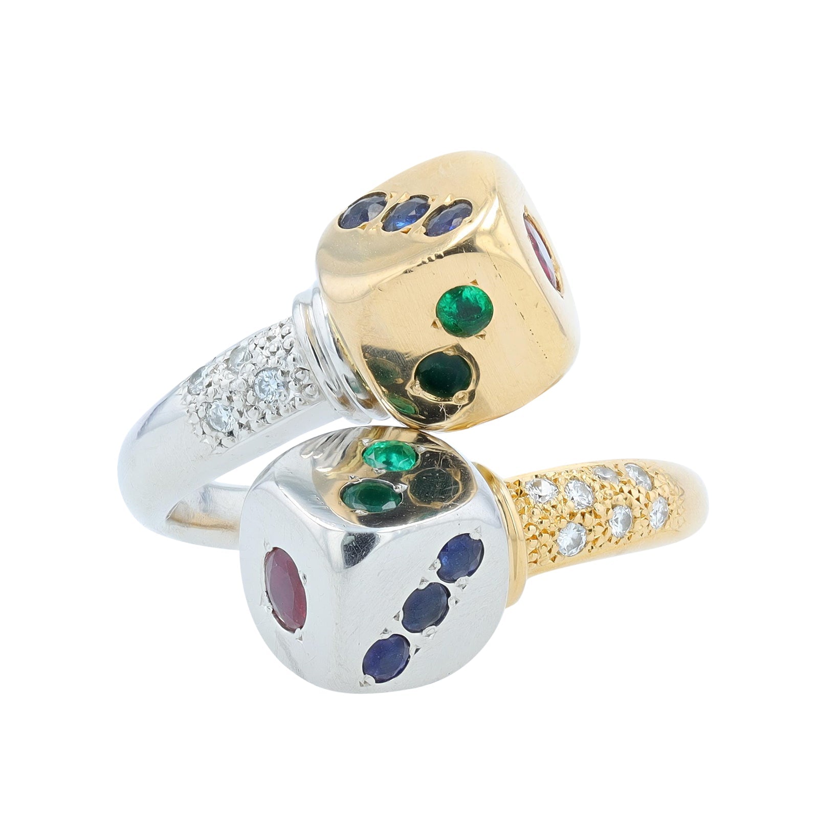 PT900/18K YG Ruby, Sapphire & Emerald Bypass Dice Ring