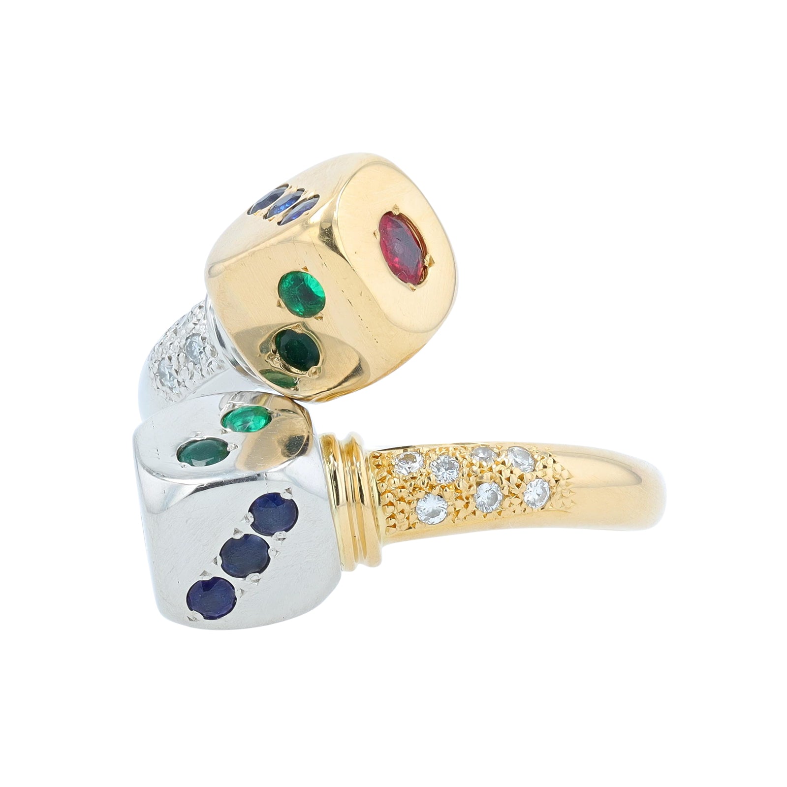 PT900/18K YG Ruby, Sapphire & Emerald Bypass Dice Ring