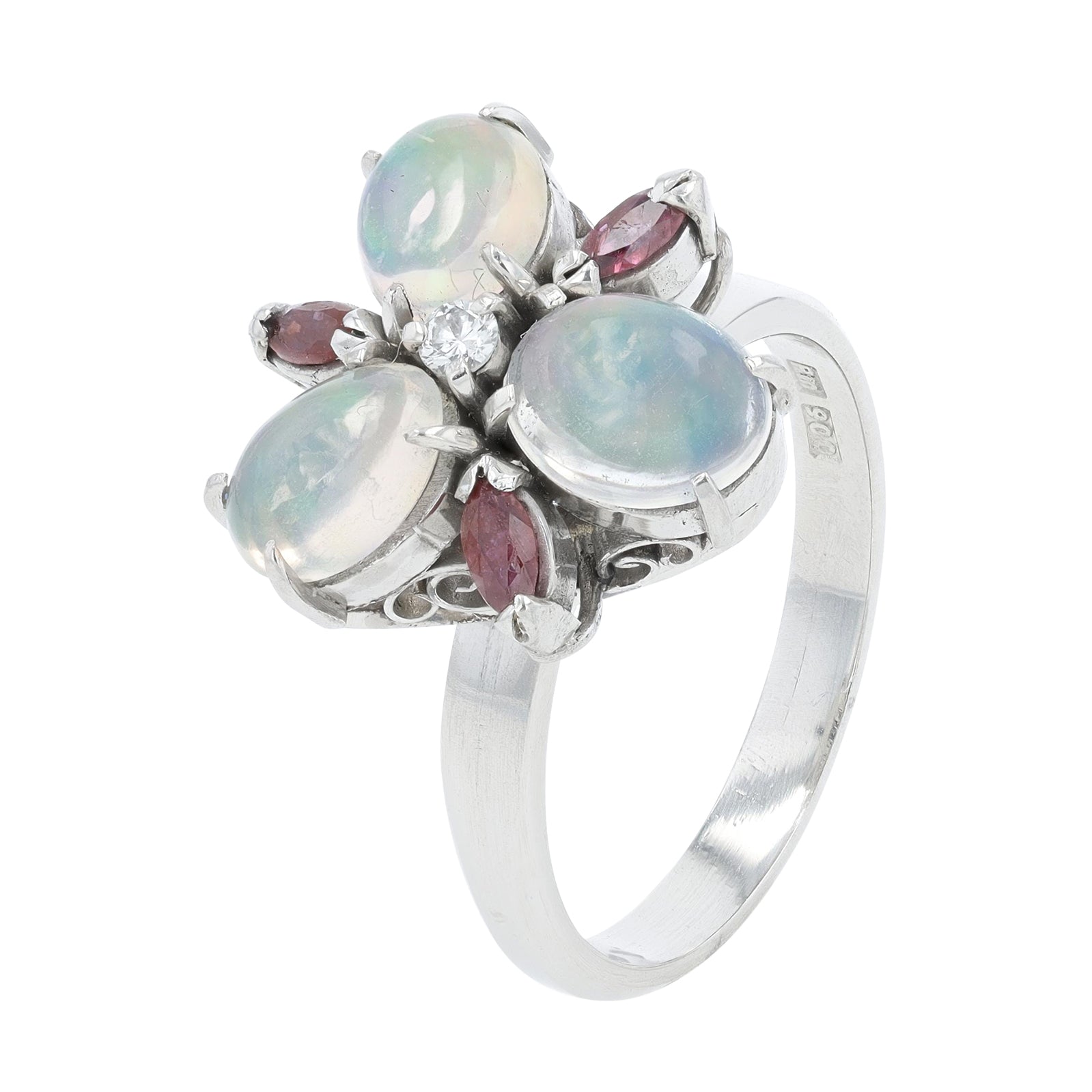 PT900 Opal,  Ruby & Diamond Ring