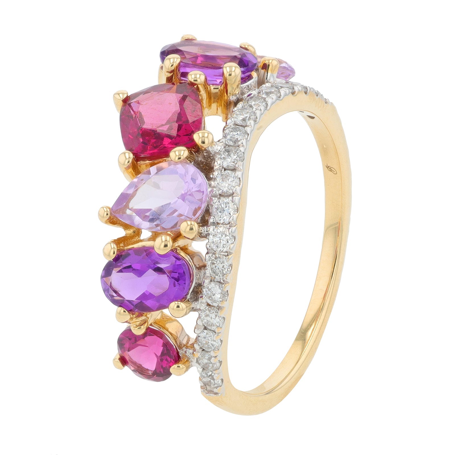 14K YG 2.15 CT Rhodolite & Amethyst Cluster Ring