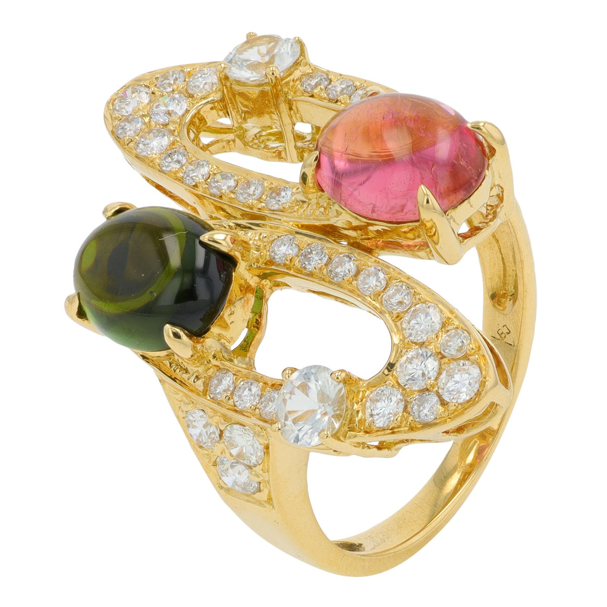 18K YG 2.35 CT Tourmaline & .35 CT Moonstone Bypass Ring