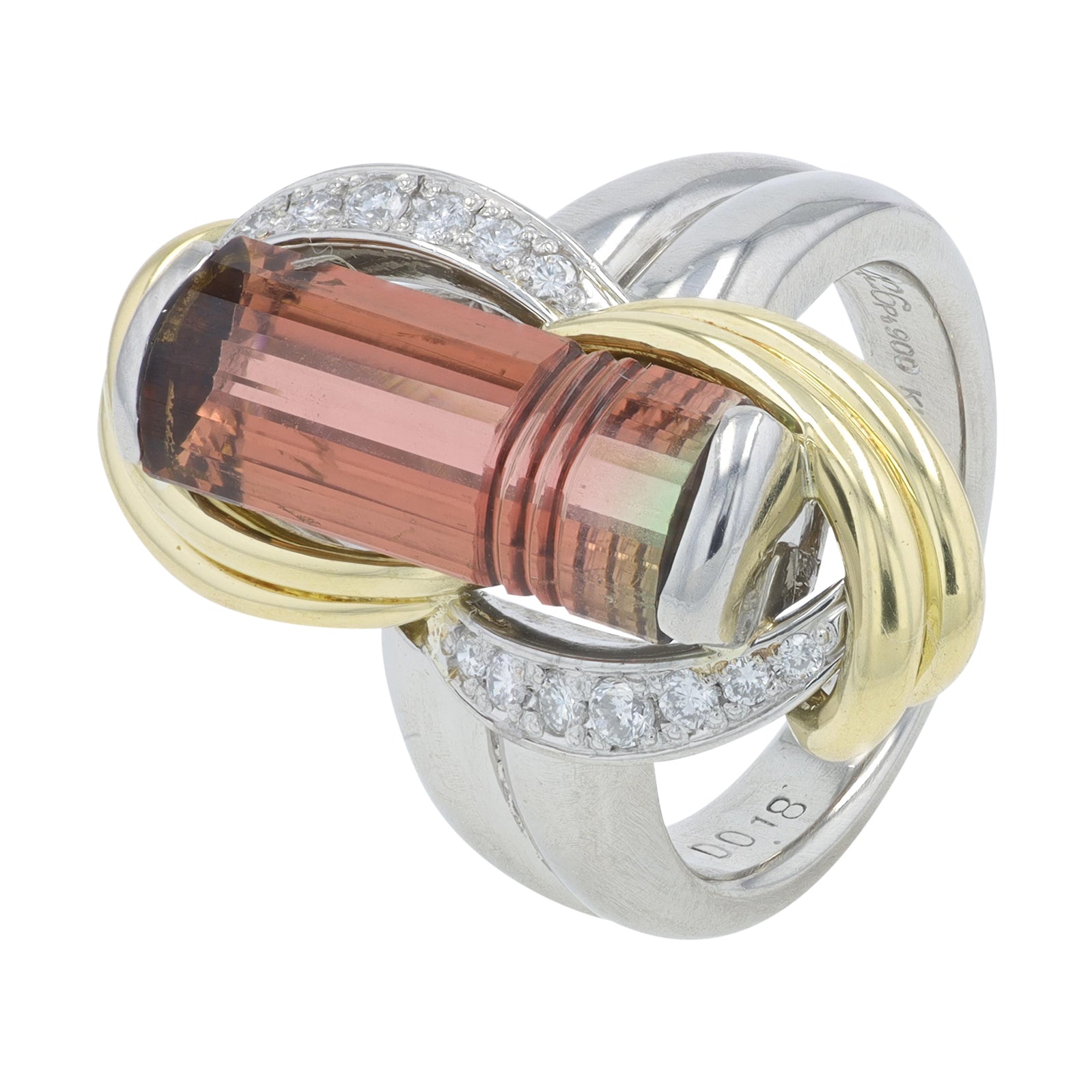 PT900/18K YG 4.26 CT Tri Color Tourmaline Center Ring