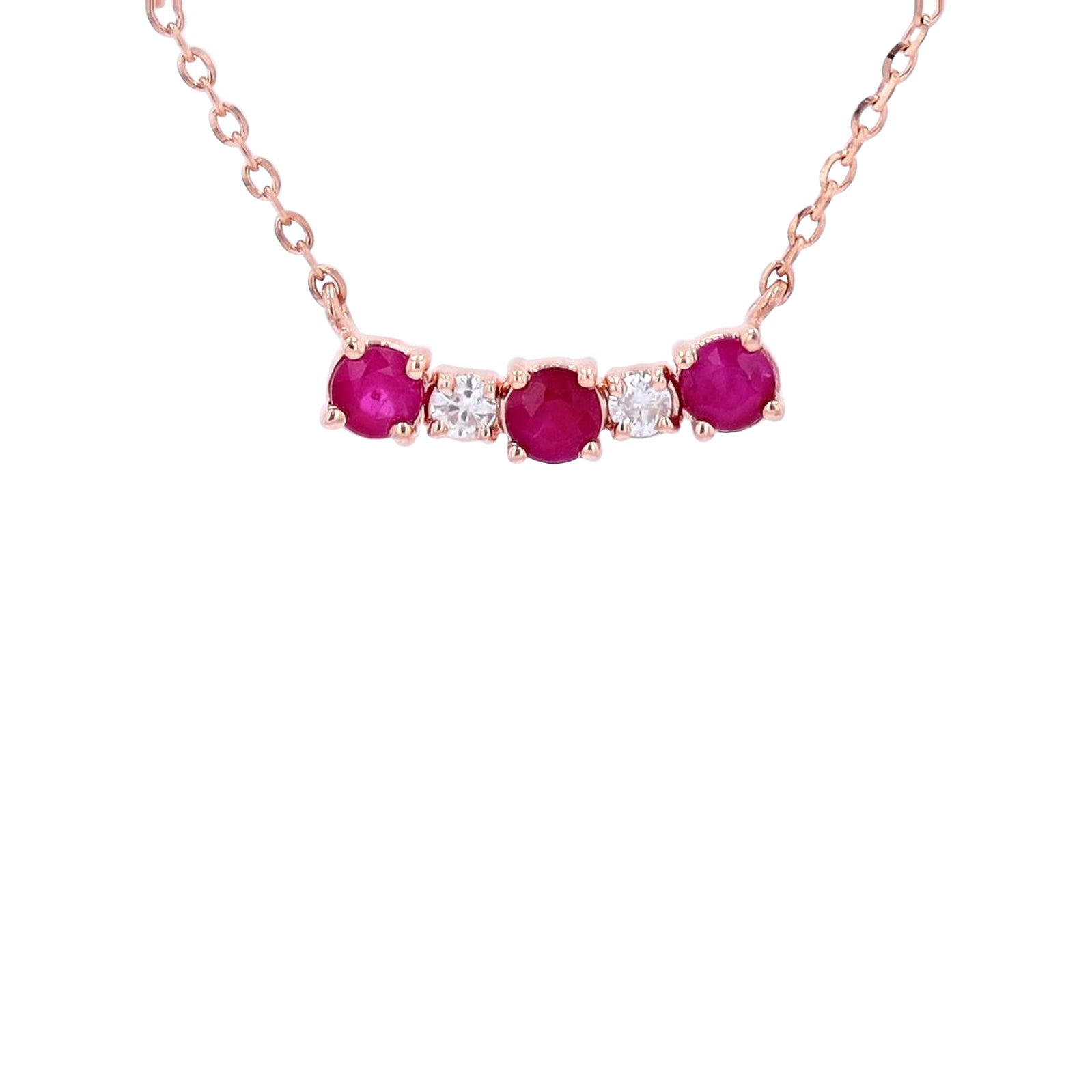 14K RG Three Stone Ruby Necklace