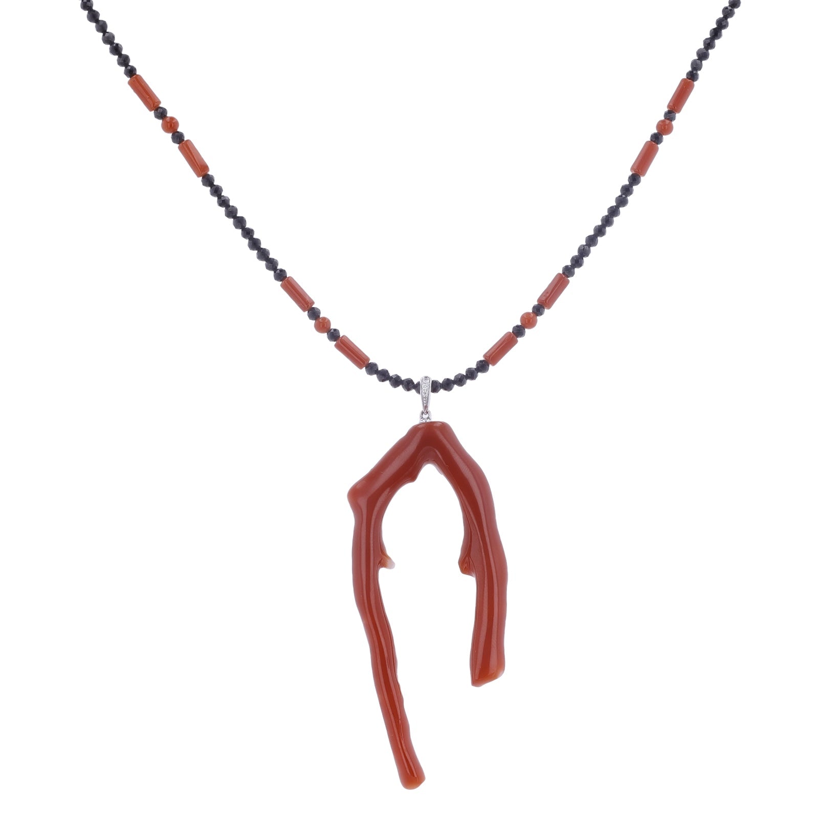 18K YG Coral & Black Bead Pendant