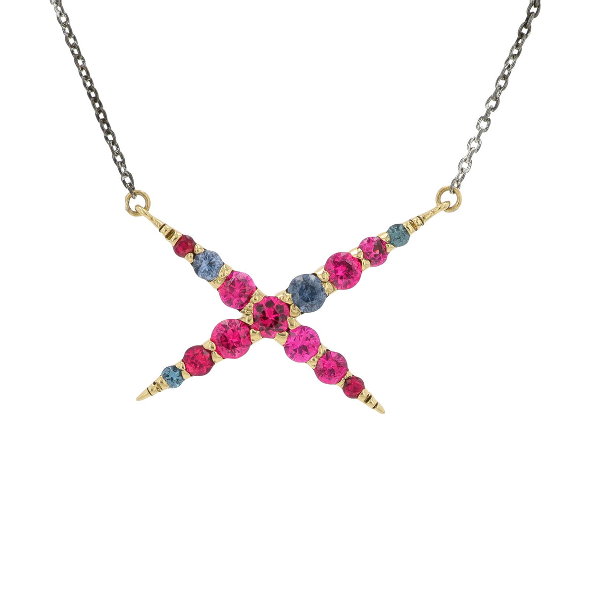 18K YG Pink & Green Garnet "X" Necklace