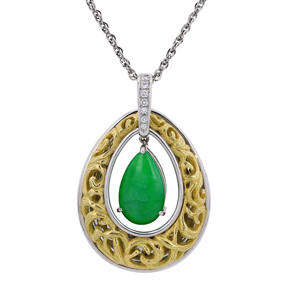 18K YG/PT900 5.11 CTW Pear Cut Jade Pendant
